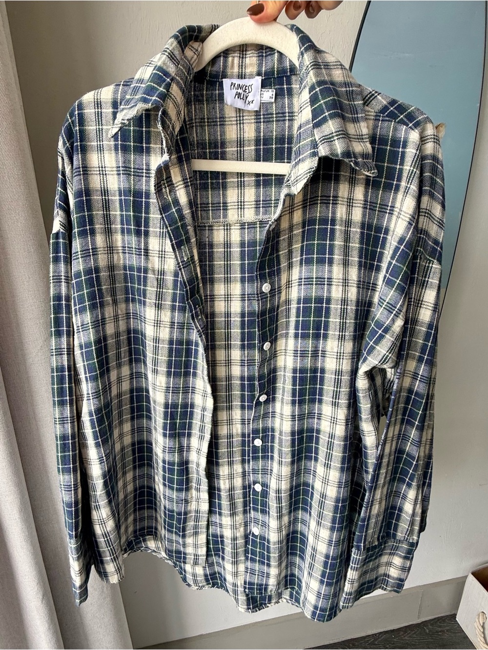 PRINCESS POLLY Oversized Plaid Flannel Button Down Shirt Navy Cream Green 6